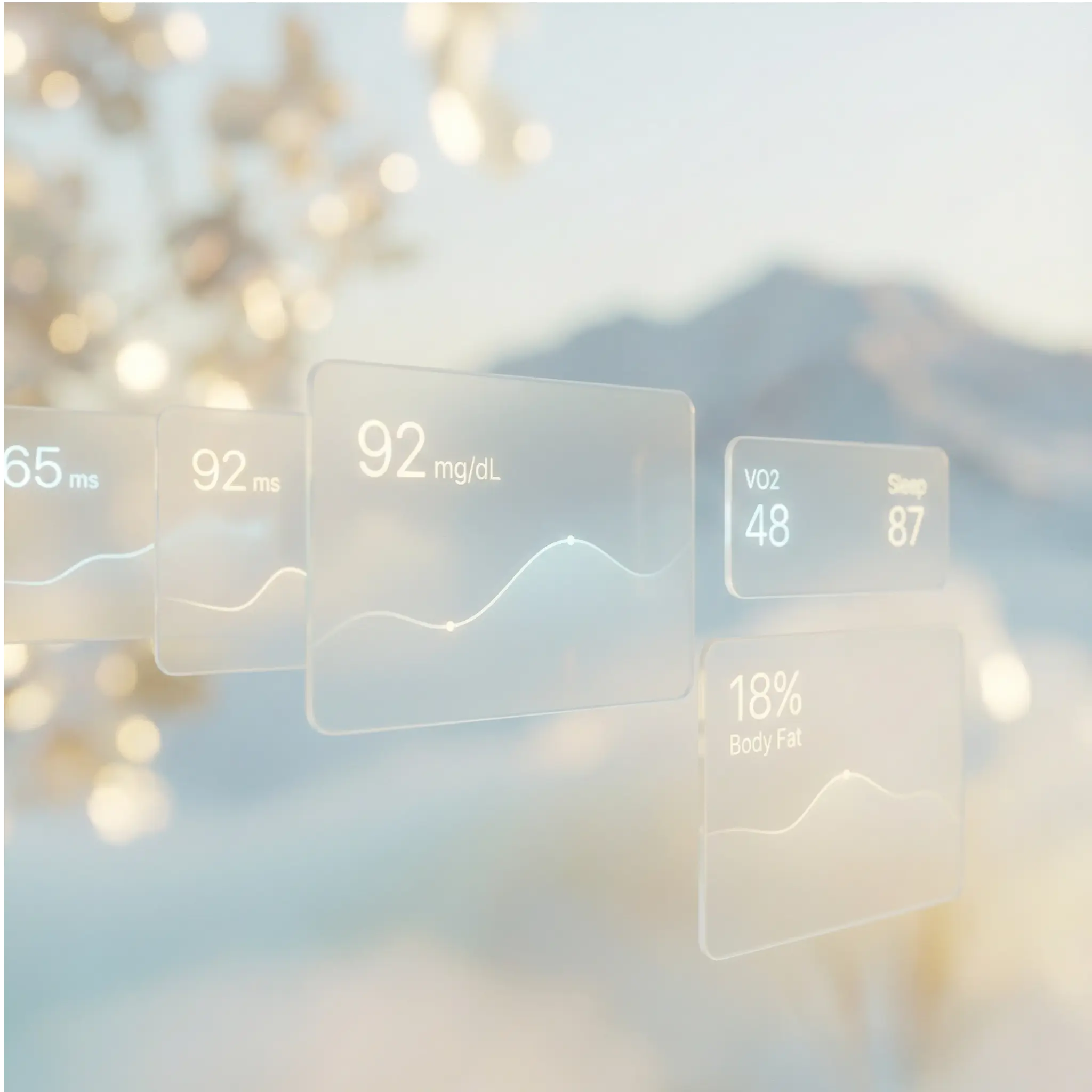 Glass cards showing VO2, Sleep, and Body Fat metrics